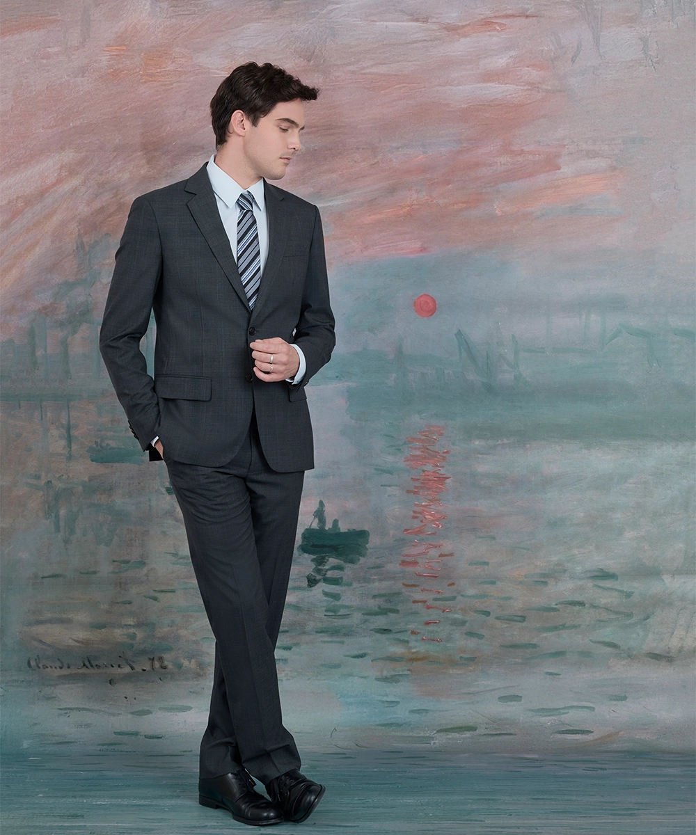 純羊毛灰格紋 成套西裝