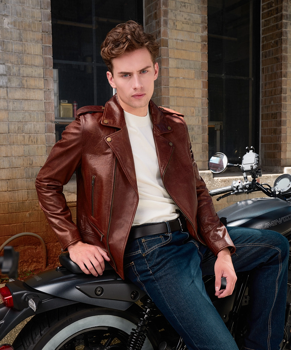 騎士 皮夾克 咖/黑