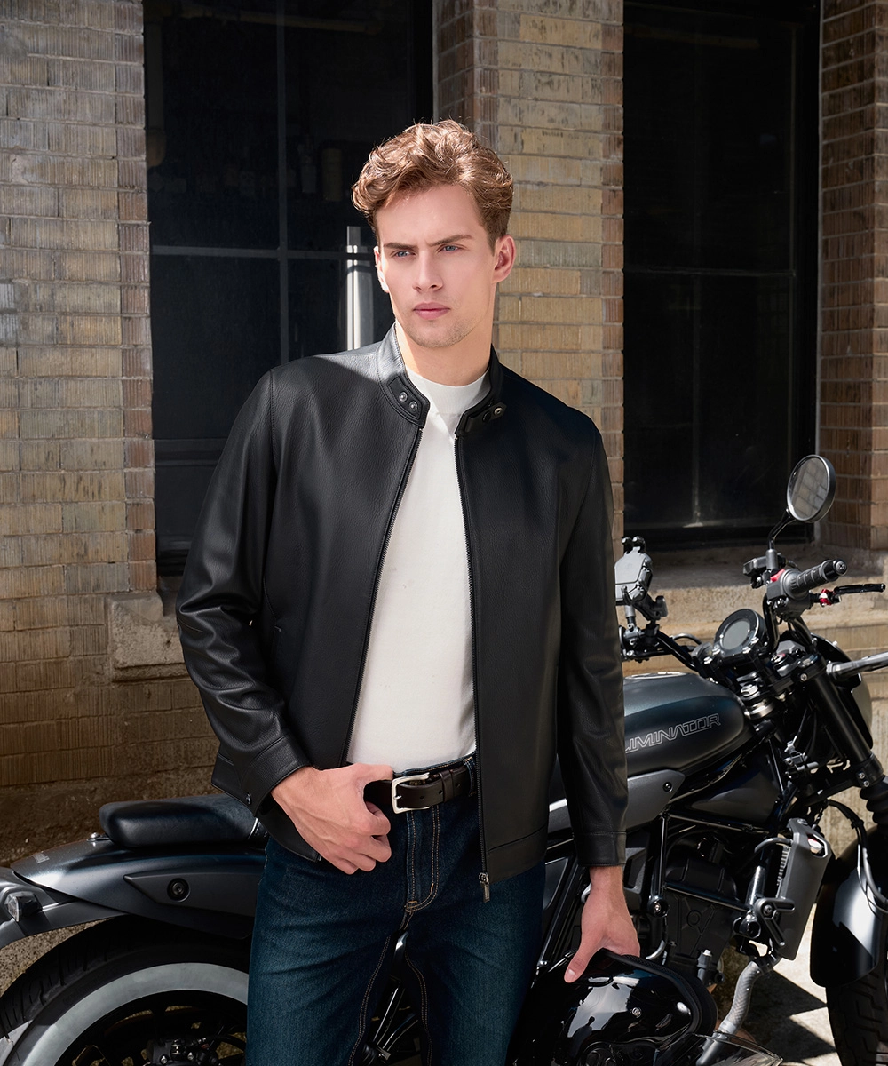 立領皮衣 深灰/黑