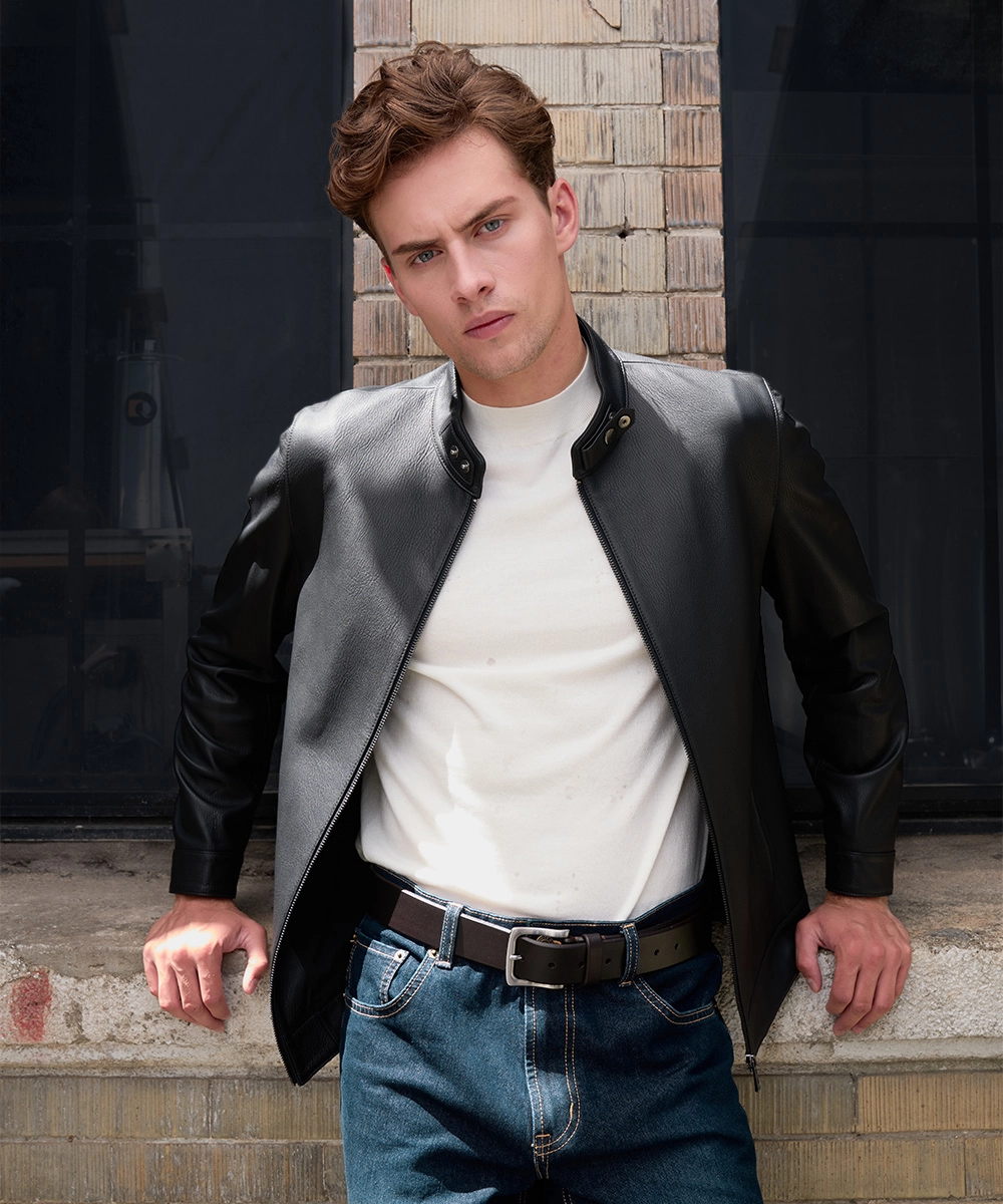 立領皮衣 深灰/黑